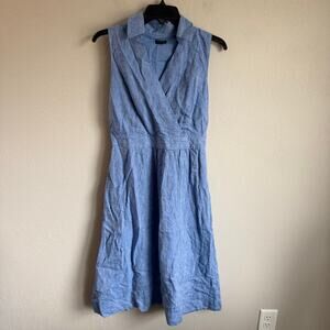 Talbots Linen Faux Wrap Dress Chambray Blue V-Neck Collared Midi Women’s 2P